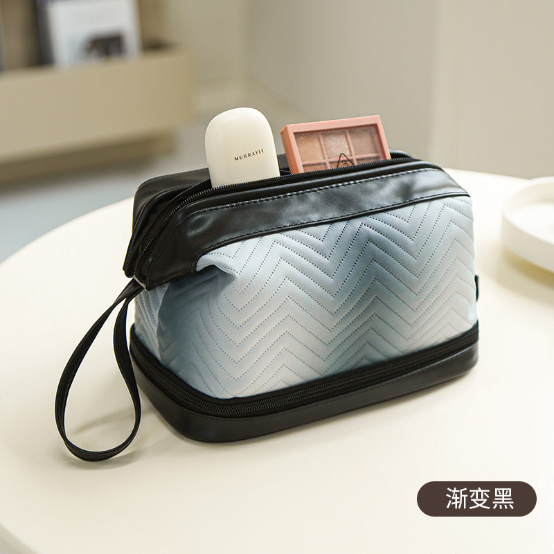 Keyinse Waterproof Double Layer Makeup Bag Large Capacity Travel Cosmetic Bag Portable Vegan Leather Makeup Bag with Brush Holder