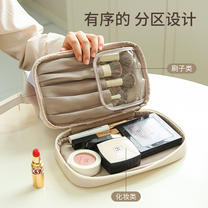 Keyinse Waterproof Double Layer Makeup Bag Large Capacity Travel Cosmetic Bag Portable Vegan Leather Makeup Bag with Brush Holder